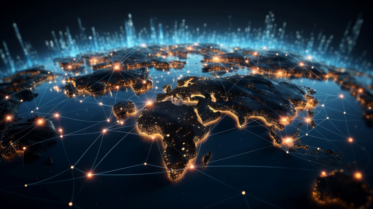 Globale Vernetzung durch Netzwerkleitungen und Lichter.