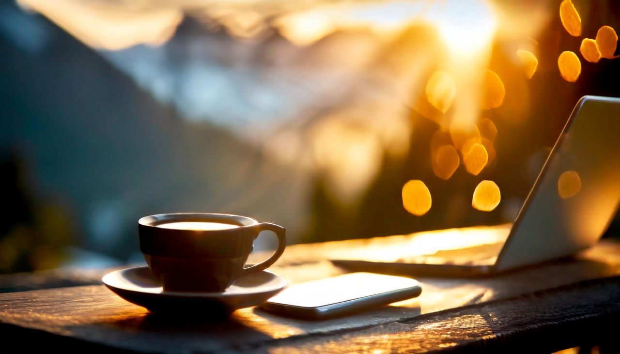 Kaffee und Laptop auf Holztisch mit Sonnenuntergang im Hintergrund.