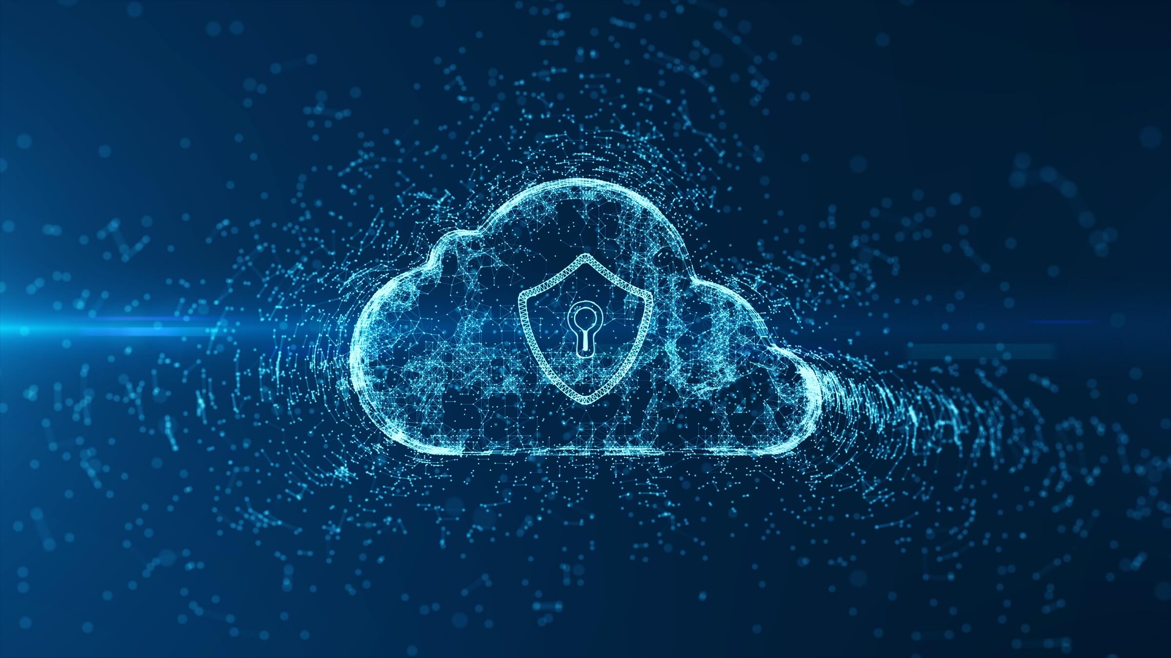 Abbildung eines Schilds und einer Wolke als Symbol für Cloud Computing im Rahmen von Microsoft Compliance.