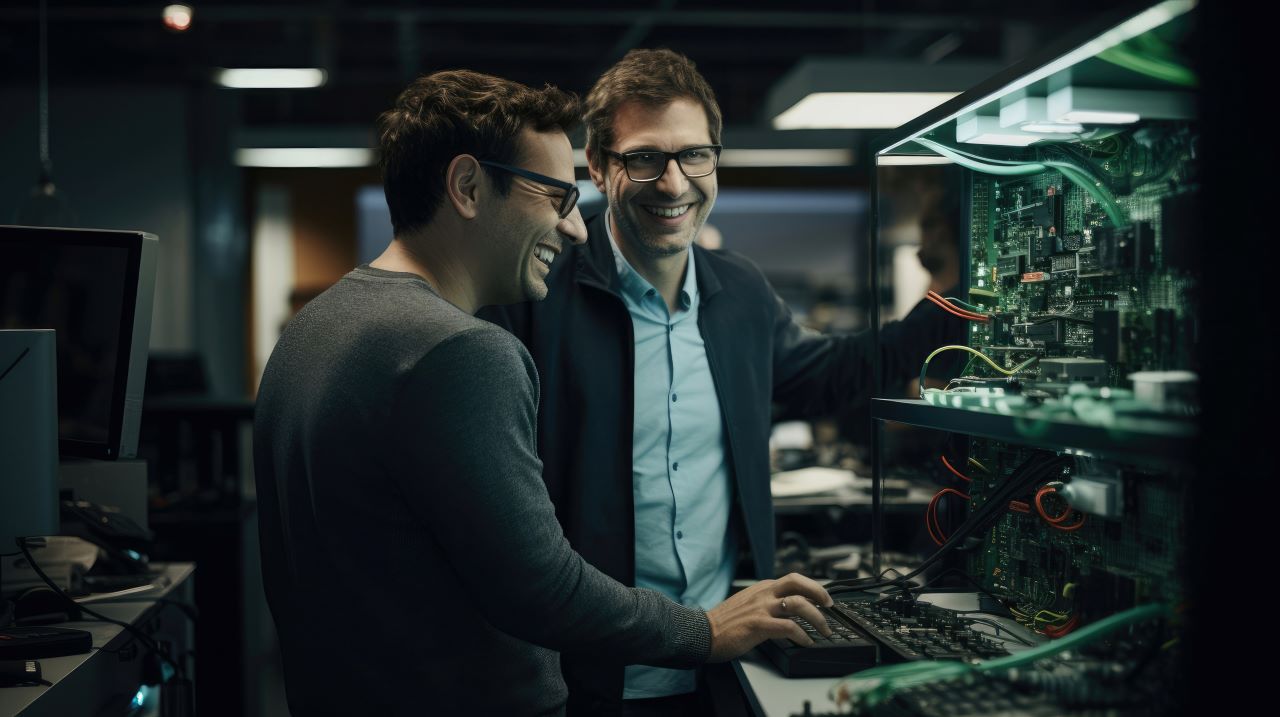 Zwei Männer sind in einem Computerraum mit Betrieb und Administration am Computer beschäftigt.